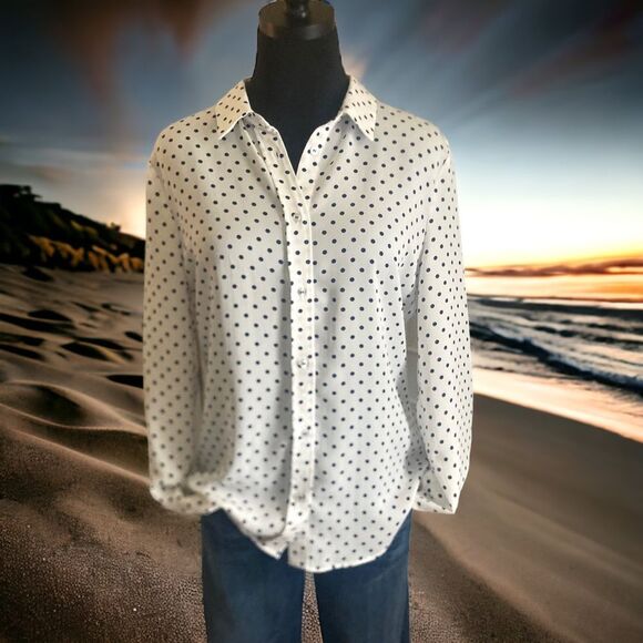 Laundry by Shelli Segal White Blouse with Navy Polka Dots, Size Small - Picture 1 of 12